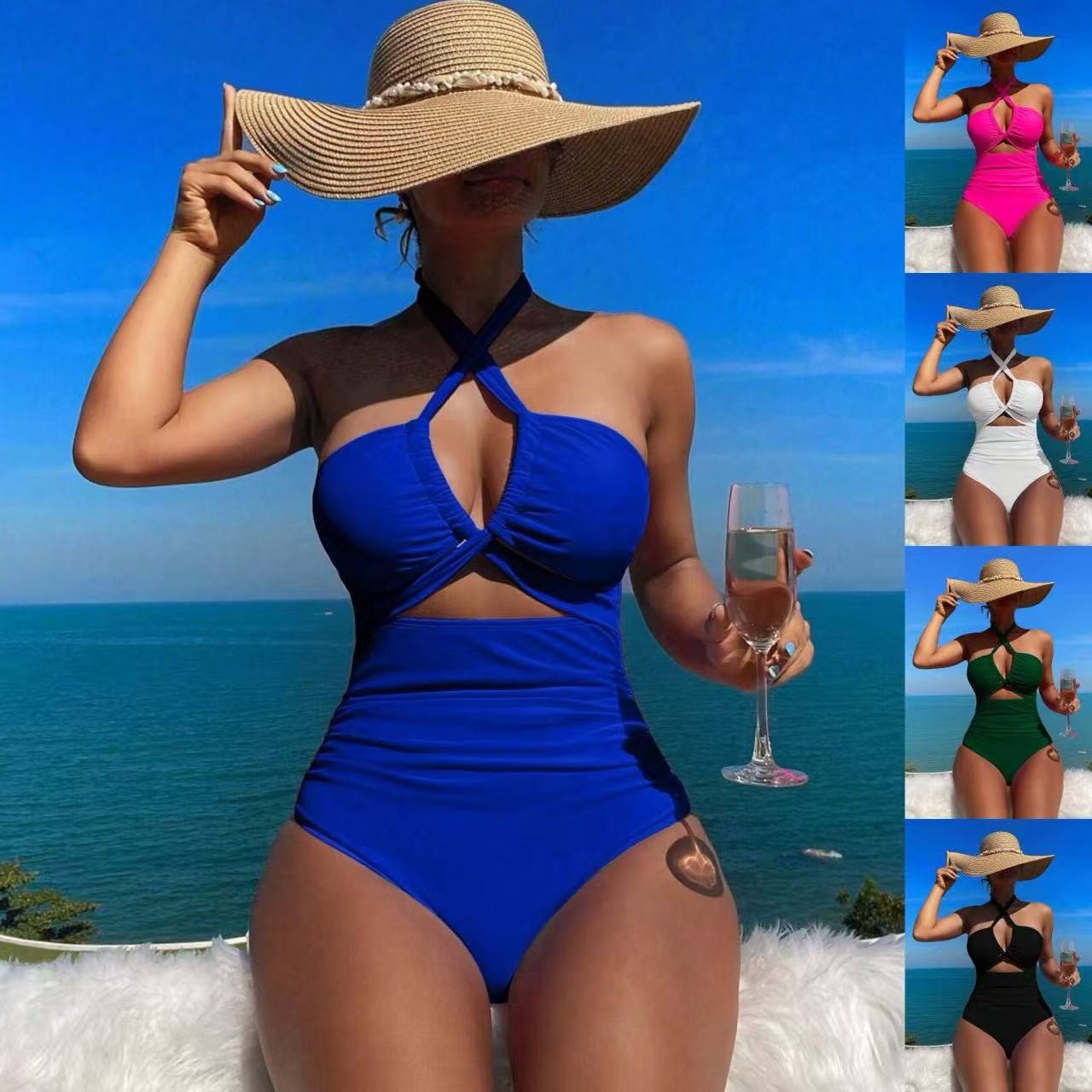 Swimsuit Bikini Ruched - 여성 수영복 홀터넥 솔리드 수영복 백리스