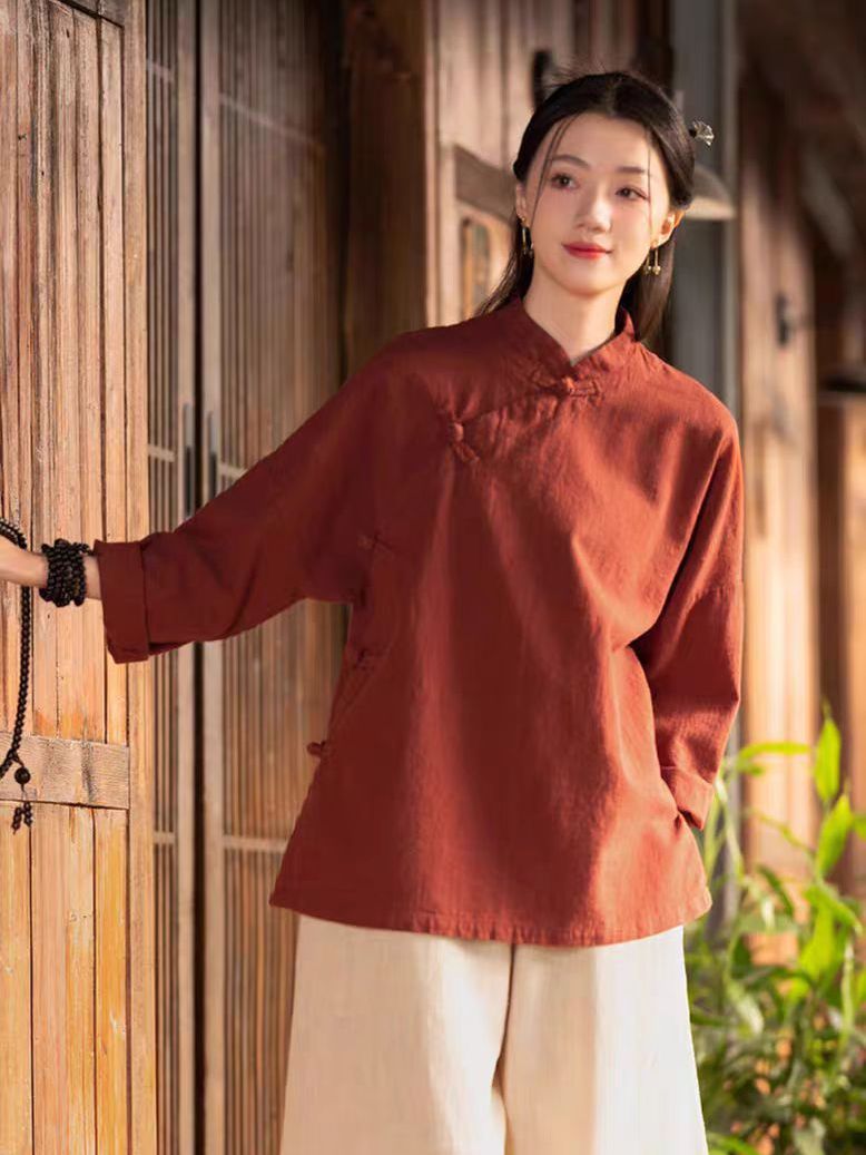 Linen Pant Wide - 새로운 중국 스타일 루즈핏 긴팔 면마