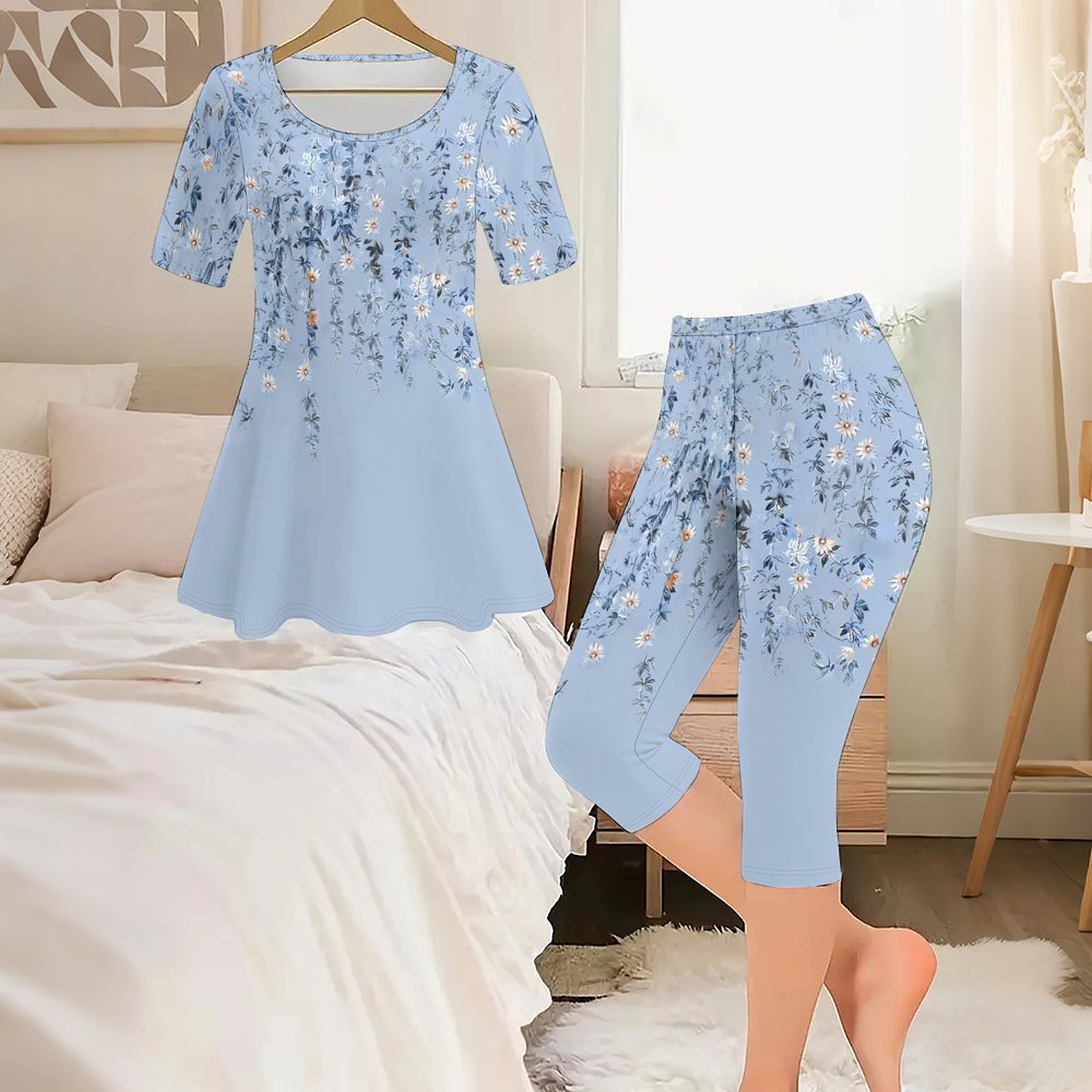 Romper Floral Print - 2피스 빈티지 프린트 투피스 세트 여성
