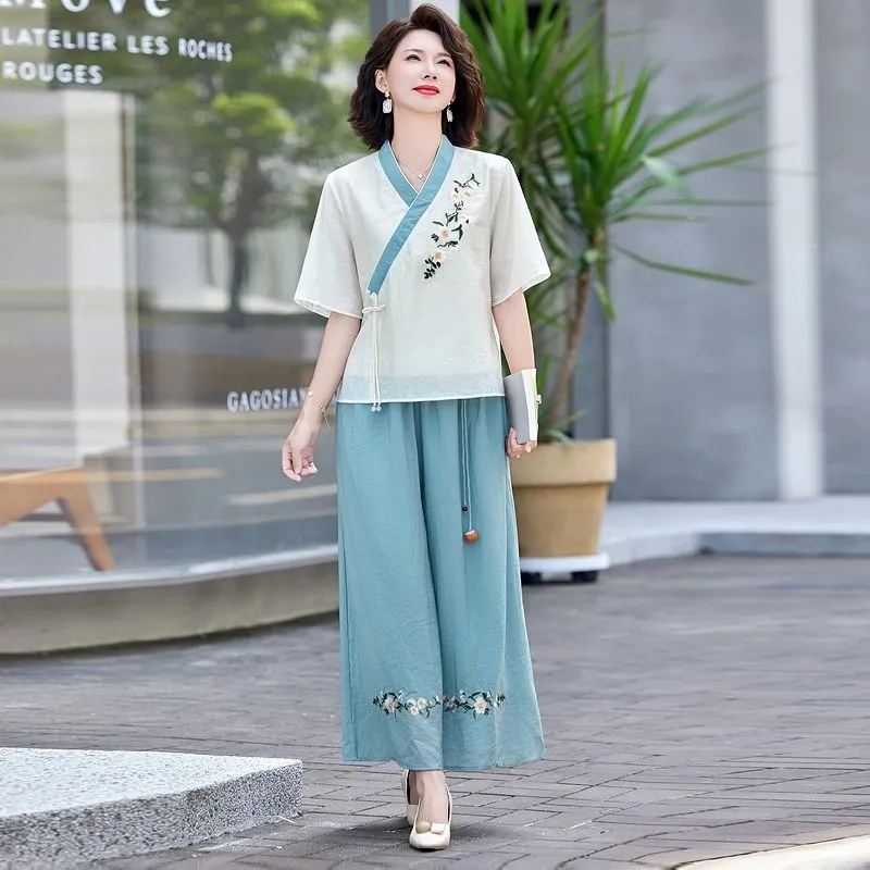 Linen Pant Wide - 여성용 새로운 중국 스타일 린넨 투피스