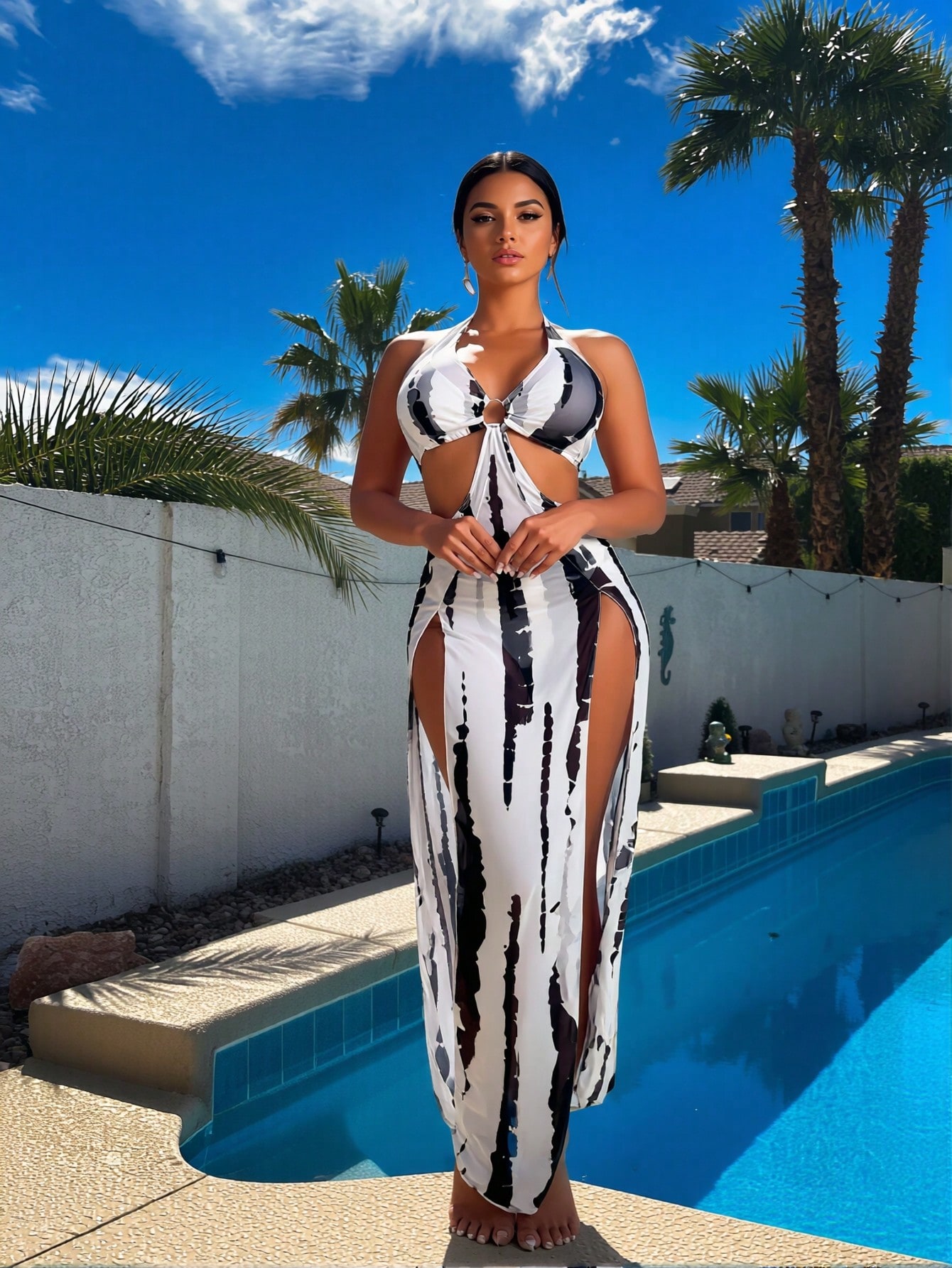 Maxi Dress Halter - 새로운 블랙 화이트 타이다이 3피스 비키니