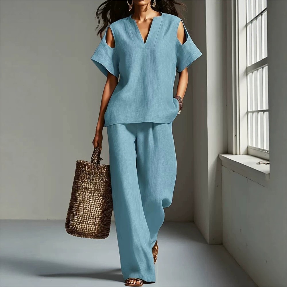 여성용 솔리드 컬러 심플 린넨 투피스 콜드 숄더 반팔  - Linen Pant Wide 리뷰 및 가격