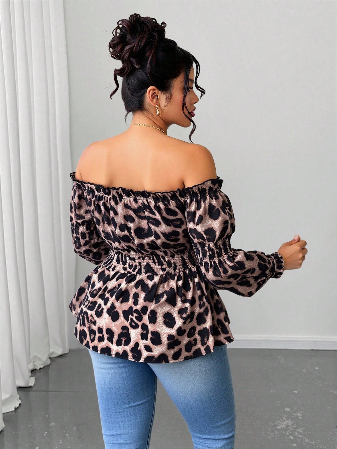플러스 사이즈 여성용 레오파드 프린트 러플 오프숄더 긴 - Blouse Off Shoulder 리뷰 및 가격