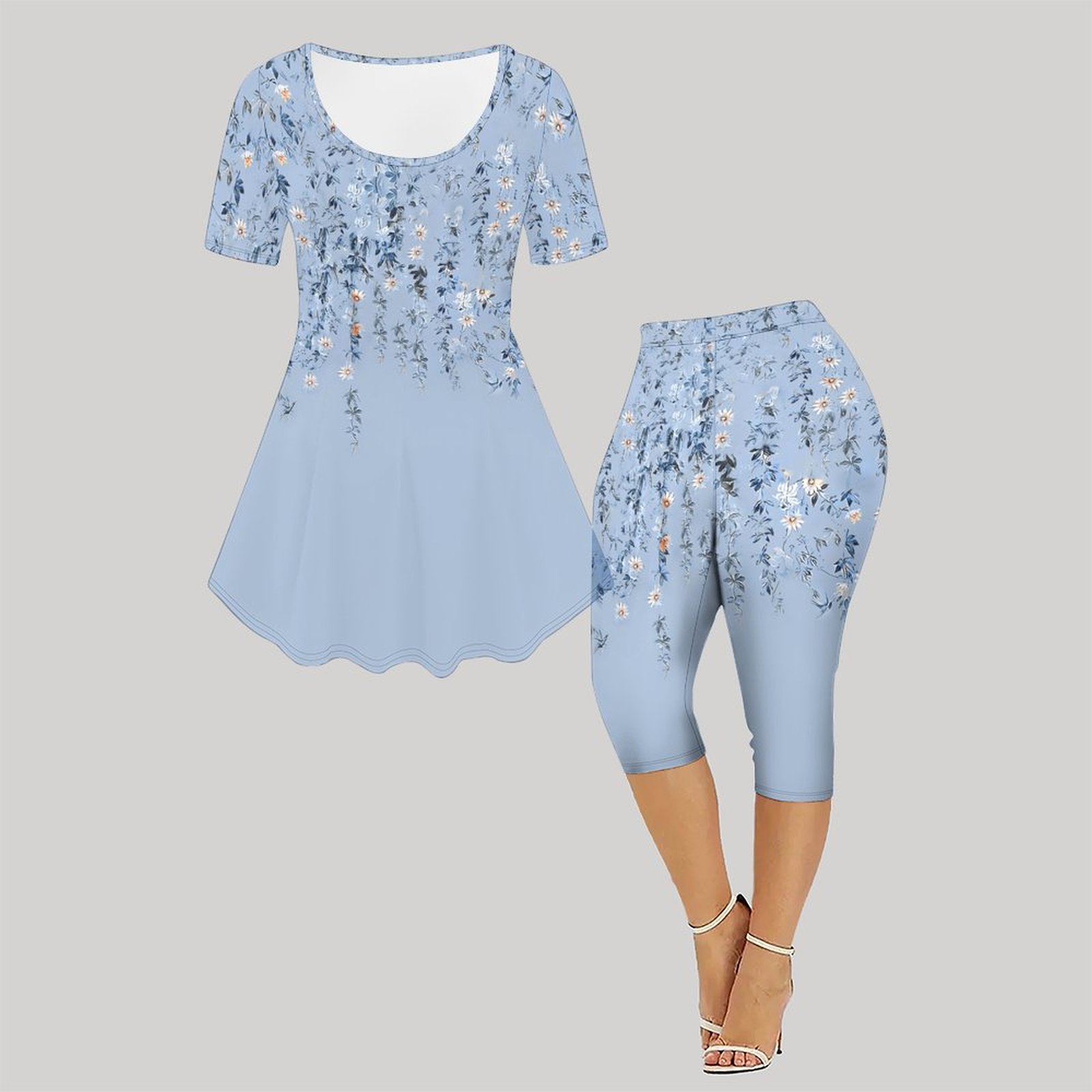 2피스 빈티지 프린트 투피스 세트 여성 캐주얼 반팔 엘 - Romper Floral Print 리뷰 및 가격