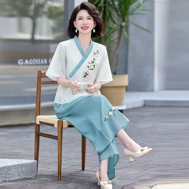 여성용 새로운 중국 스타일 린넨 투피스 세트 어머니들을 - Linen Pant Wide 리뷰 및 가격