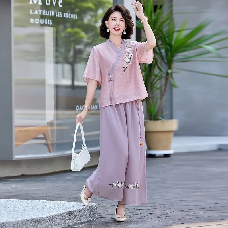여성용 새로운 중국 스타일 린넨 투피스 세트 어머니들을 - Linen Pant Wide 리뷰 및 가격