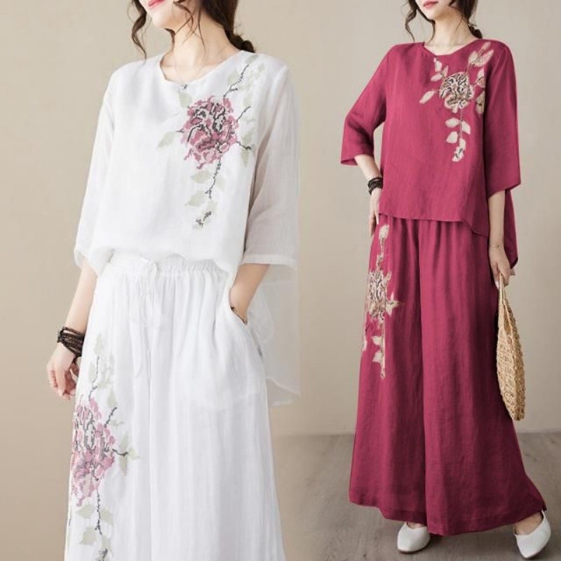 린넨 코튼 투피스 세트 여성 자수 상의 와이드 레그 팬 - Linen Pant Wide 리뷰 및 가격
